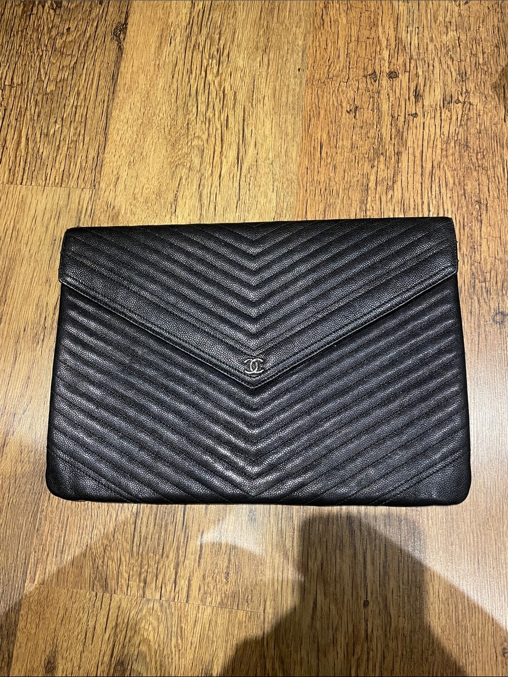 CHANEL Black Chevron Quilted Leather Envelope Clutch